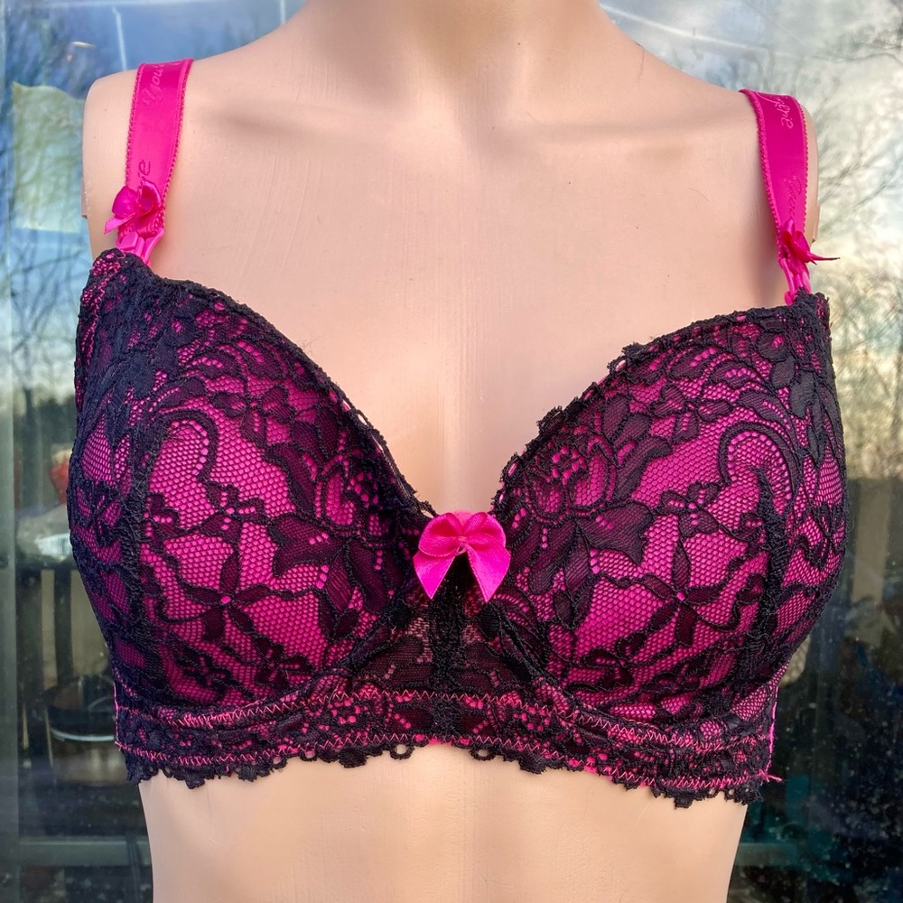 NWTs 34E Fuchsia Hot Pink & Black Lace Goth Bra